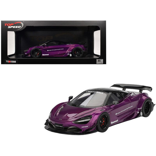 Purple sports car model with Liberty Walk and Shimano branding, displayed in front of its packaging.