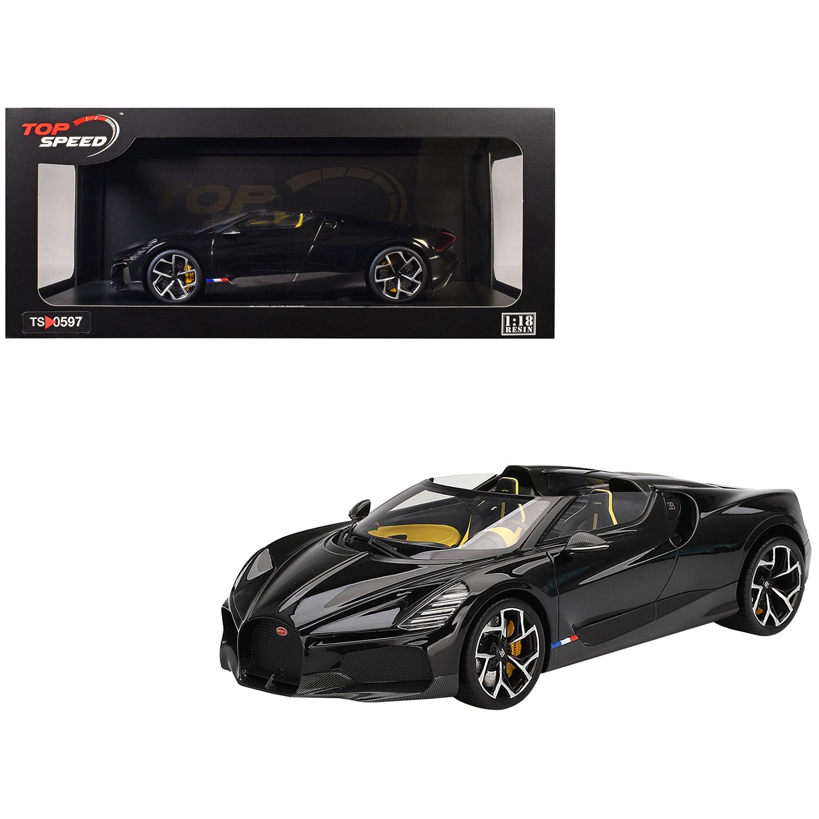 Bugatti W16 Mistral Black with Yellow Interior 1/18 Model Car by Top Speed