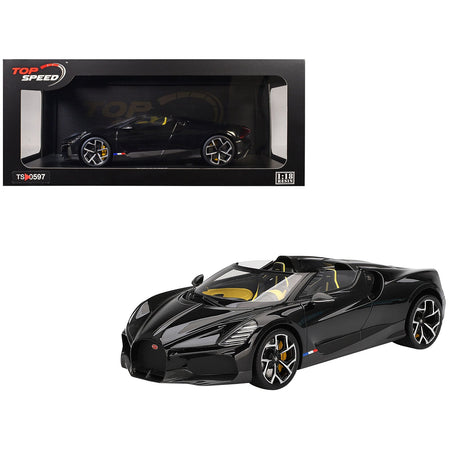 Bugatti W16 Mistral Black with Yellow Interior 1/18 Model Car by Top Speed