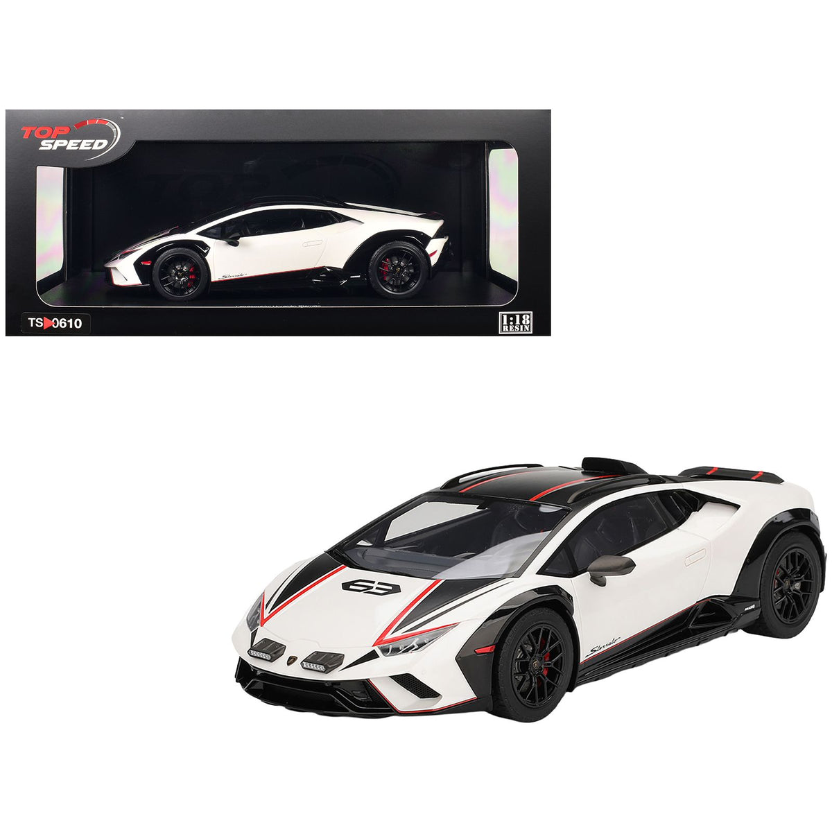 Lamborghini Huracan Sterrato Bianco Asopo White with Matt Black Top and Red Stripes 1/18 Model Car by Top Speed