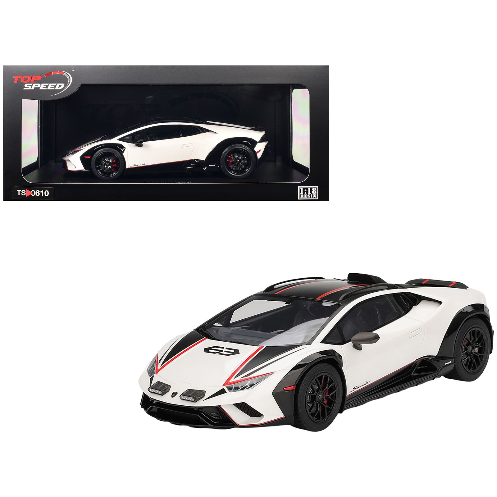 Lamborghini Huracan Sterrato Bianco Asopo White with Matt Black Top and Red Stripes 1/18 Model Car by Top Speed