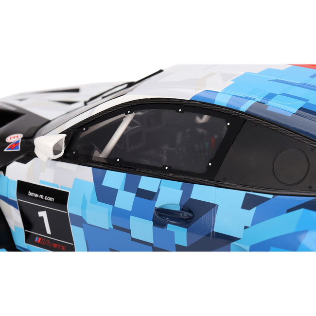 BMW M4 GT3 EVO Presentation #1 White with Carbon Blue and Red Graphics 1/18 Model Car by Top Speed