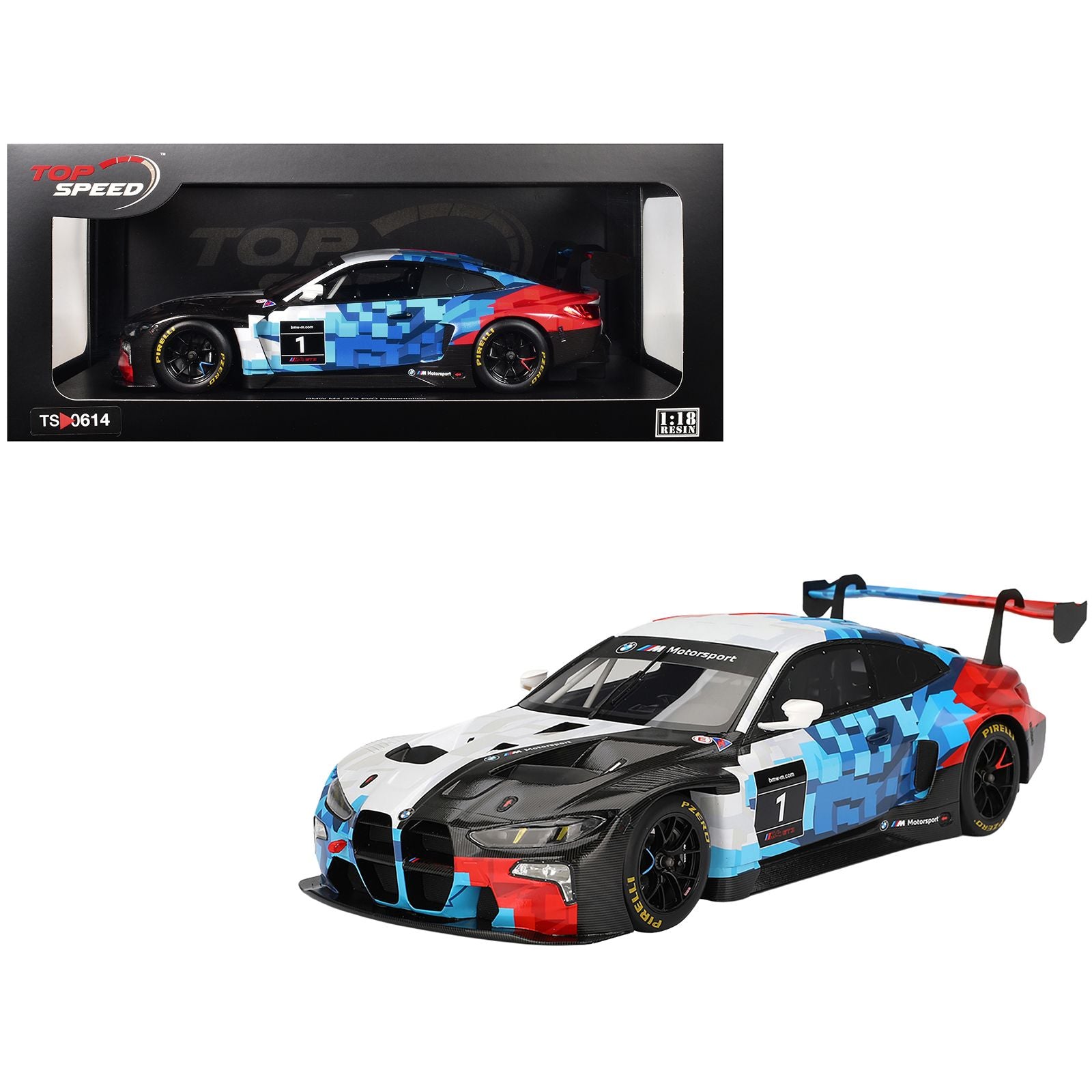 BMW M4 GT3 EVO Presentation #1 White with Carbon Blue and Red Graphics 1/18 Model Car by Top Speed