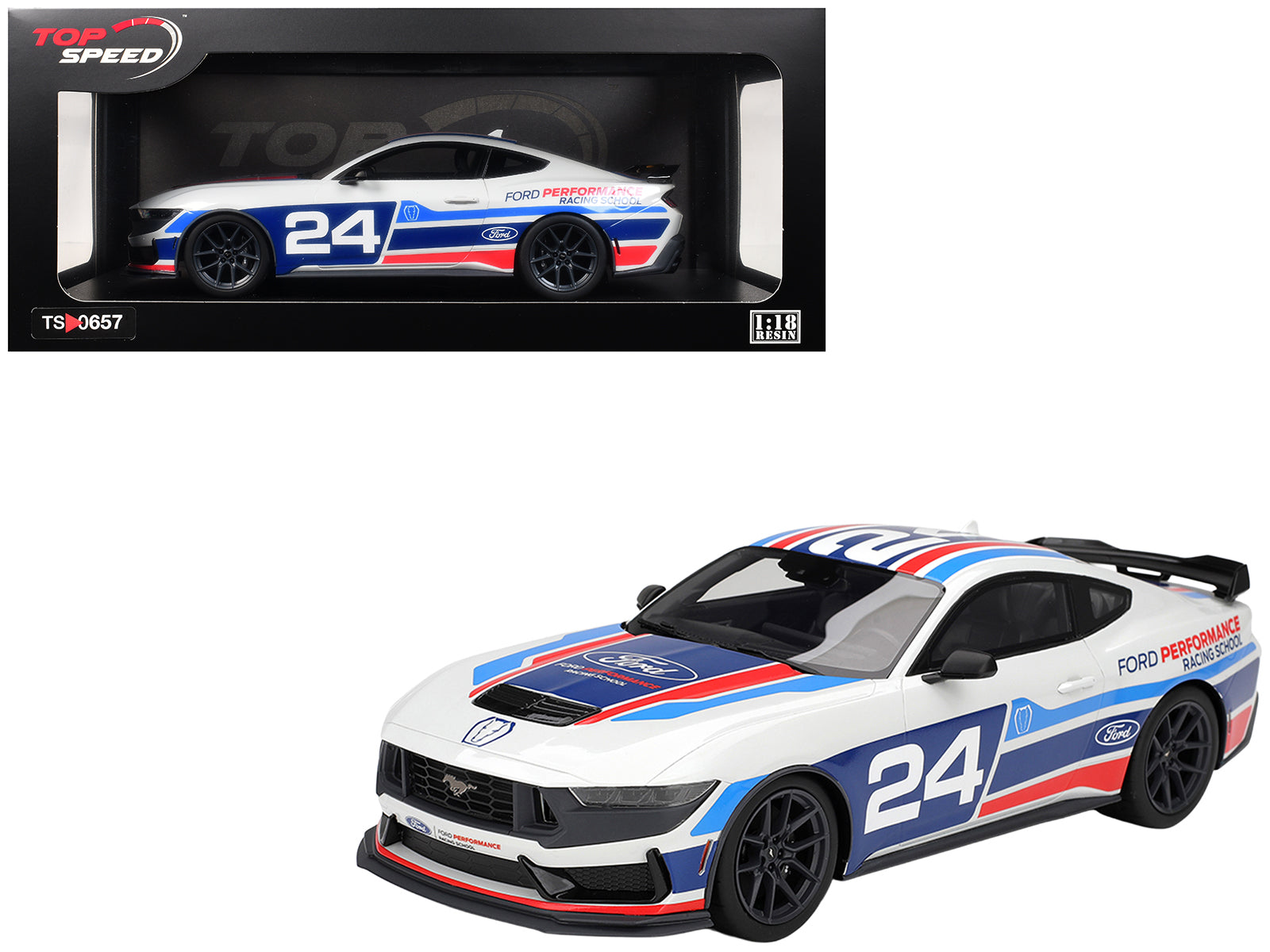 Ford Mustang Dark Horse #24 "Ford Performance Racing School" White with Graphics 1/18 Model Car by Top Speed