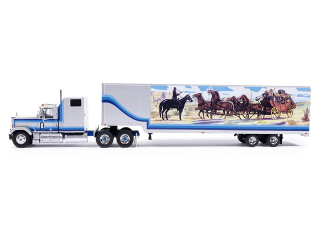 1980 GMC General Truck Tractor with Sleeper Cab and Trailer Silver Metallic with Blue Stripes 1/43 Diecast Model by IXO Models