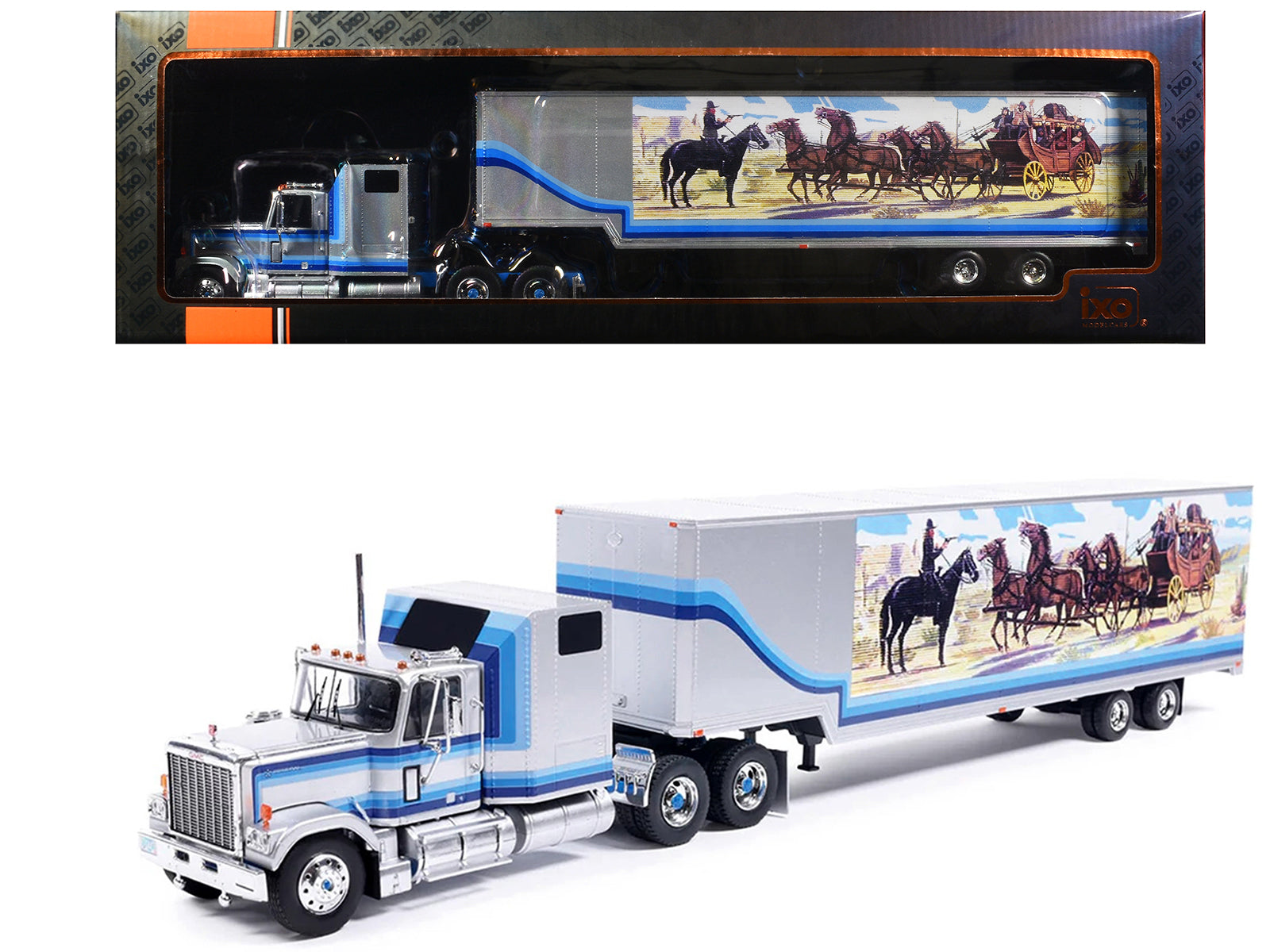 1980 GMC General Truck Tractor with Sleeper Cab and Trailer Silver Metallic with Blue Stripes 1/43 Diecast Model by IXO Models