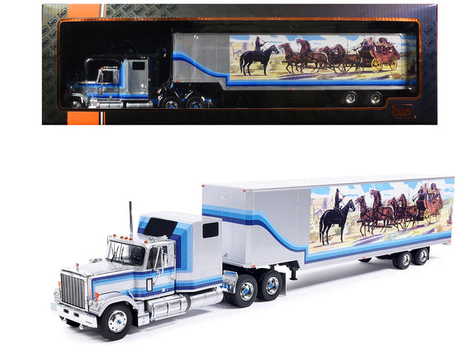 1980 GMC General Truck Tractor with Sleeper Cab and Trailer Silver Metallic with Blue Stripes 1/43 Diecast Model by IXO Models