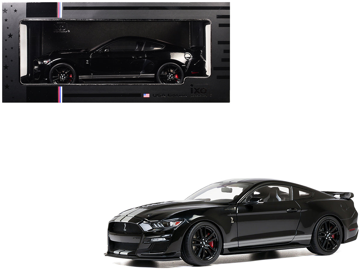 2022 Ford Mustang Shelby GT500 Black with Silver Stripes 1/18 Diecast Model Car by IXO Models