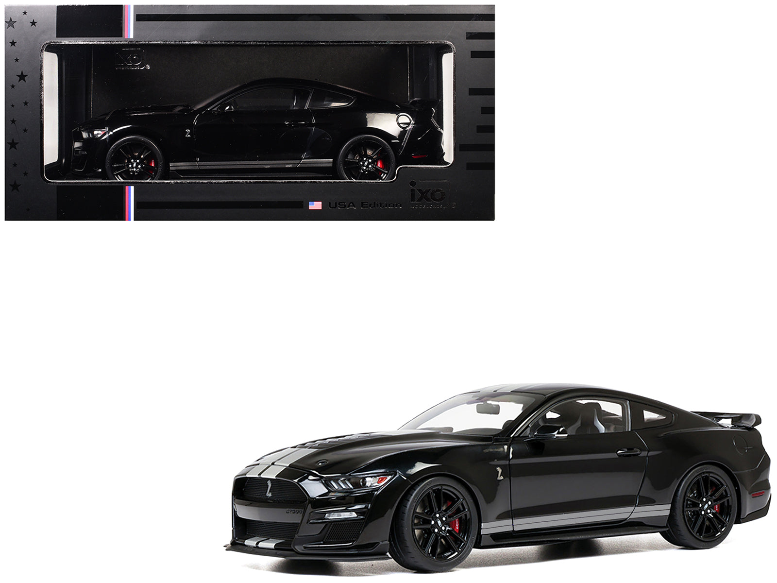 2022 Ford Mustang Shelby GT500 Black with Silver Stripes 1/18 Diecast Model Car by IXO Models