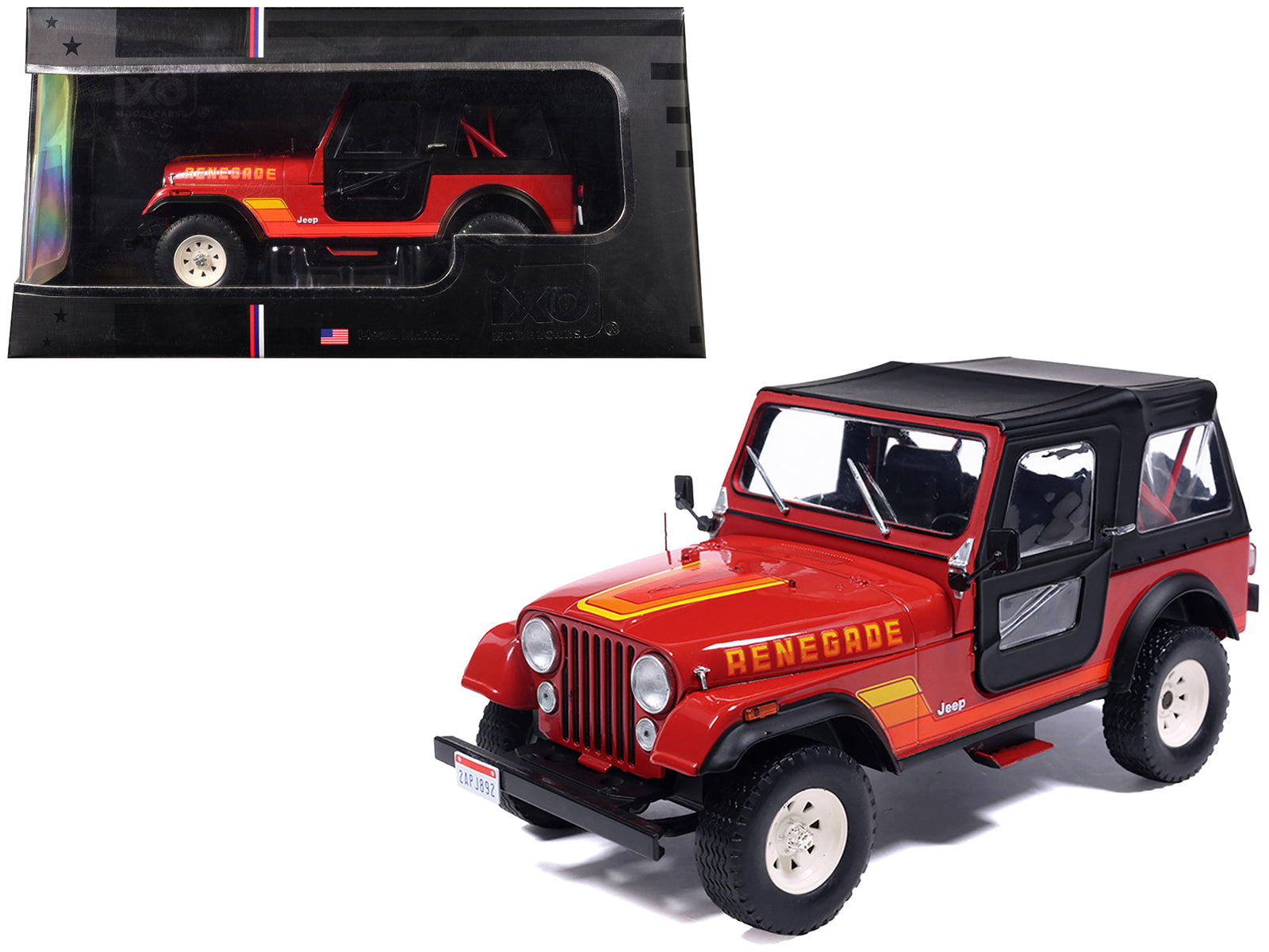 1983 Jeep Renegade Red with Stripes and Black Top 1/24 Diecast Model by IXO Models