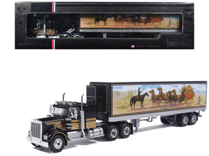 Kenworth W900 Truck with Refrigerated Trailer Black with Tan Stripes and Trailer Graphics 1/64 Diecast Model Car by IXO Models