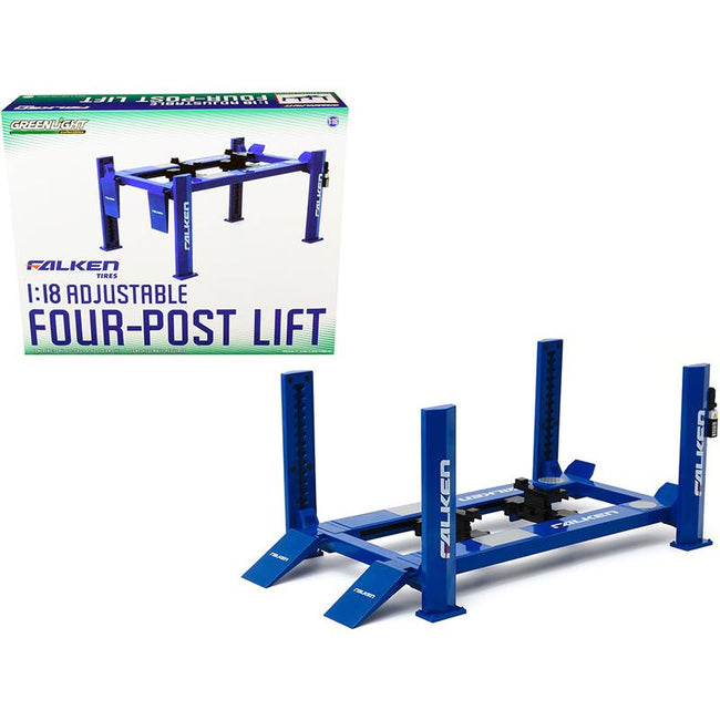 Adjustable Four Post Lift "Falken Tires" Blue for 1/18 Scale Diecast Model Cars by Greenlight - Greenlight - ModelCars.com