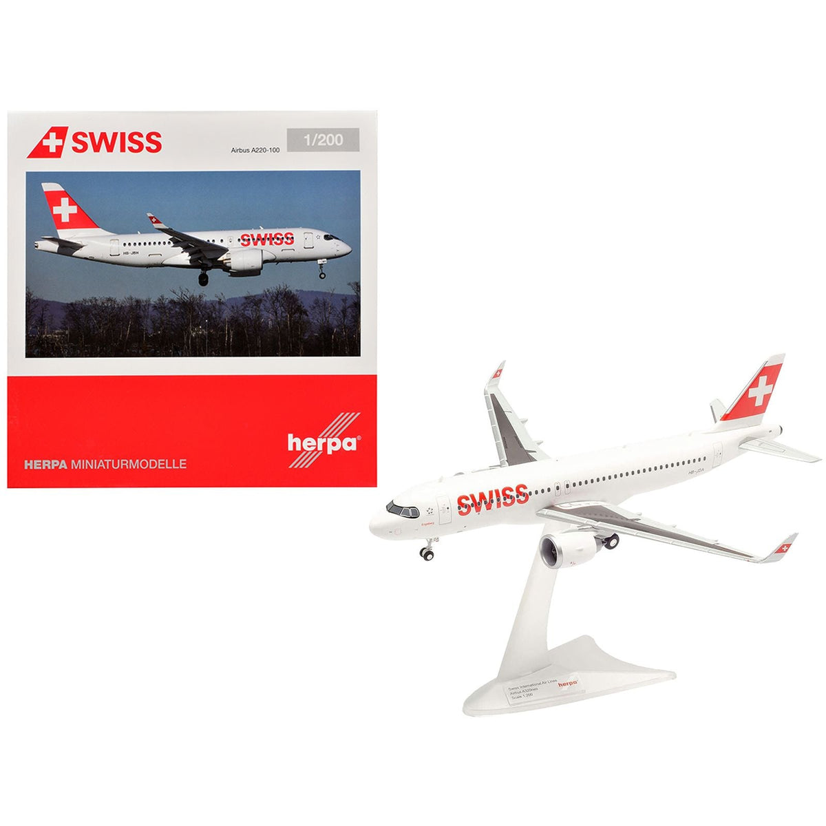 Airbus A220-100 Commercial Aircraft "Swiss International Air Lines" (HB-JBH) White with Red Tail 1/200 Diecast Model Airplane by Herpa-Herpa-ModelCars.com