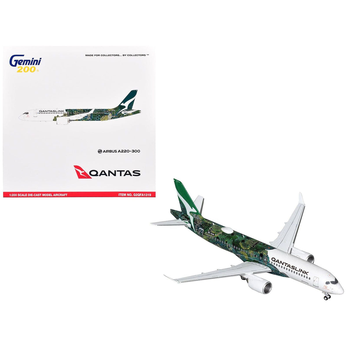 Airbus A220-300 Commercial Aircraft "QantasLink - Minyma Kutjara Tjukurpa Livery" (N531PA) White with Green Graphics "Gemini 200" Series 1/200 Diecast Model Airplane by GeminiJets-GeminiJets-ModelCars.com