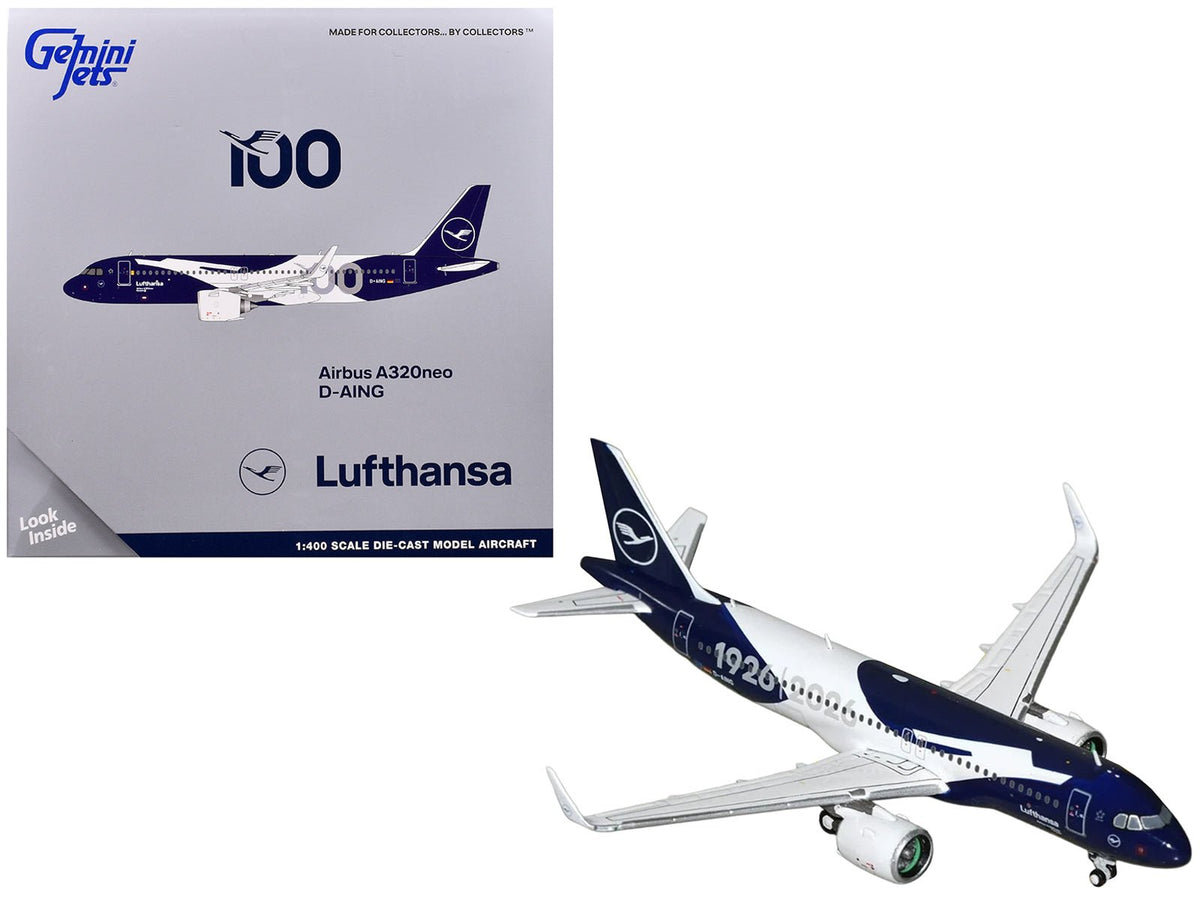 Airbus A320neo Commercial Aircraft "Lufthansa 100th Anniversary" (D-AING) White and Dark Blue 1/400 Diecast Model Airplane by GeminiJets-GeminiJets-ModelCars.com
