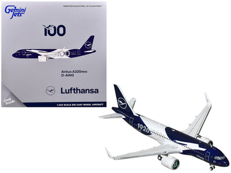 Airbus A320neo Commercial Aircraft "Lufthansa 100th Anniversary" (D-AING) White and Dark Blue 1/400 Diecast Model Airplane by GeminiJets-GeminiJets-ModelCars.com