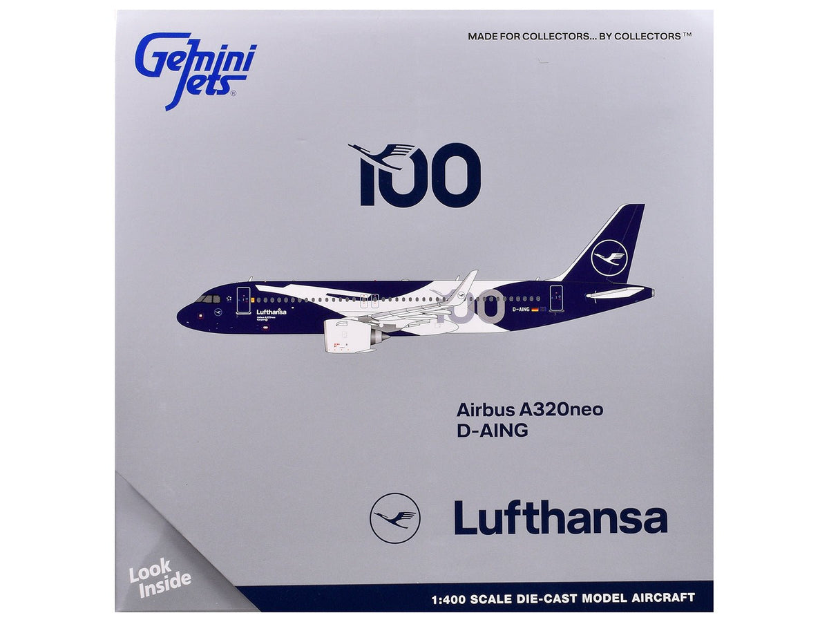Airbus A320neo Commercial Aircraft "Lufthansa 100th Anniversary" (D-AING) White and Dark Blue 1/400 Diecast Model Airplane by GeminiJets-GeminiJets-ModelCars.com