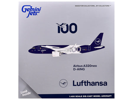Airbus A320neo Commercial Aircraft "Lufthansa 100th Anniversary" (D-AING) White and Dark Blue 1/400 Diecast Model Airplane by GeminiJets-GeminiJets-ModelCars.com