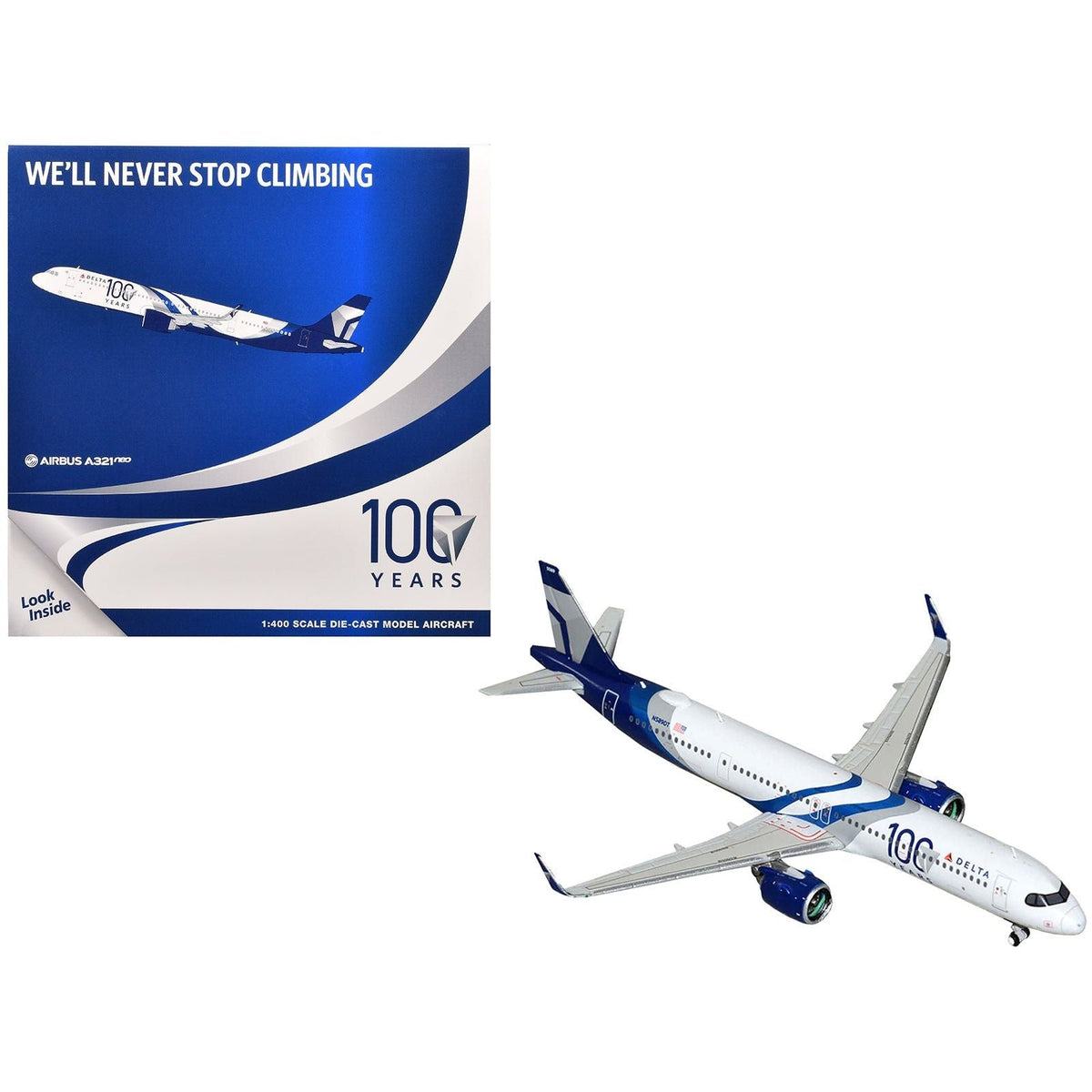 Airbus A321neo Commercial Aircraft "Delta Air Lines 100 Years" (N589DT) White and Blue with Stripes 1/400 Diecast Model Airplane by GeminiJets-GeminiJets-ModelCars.com