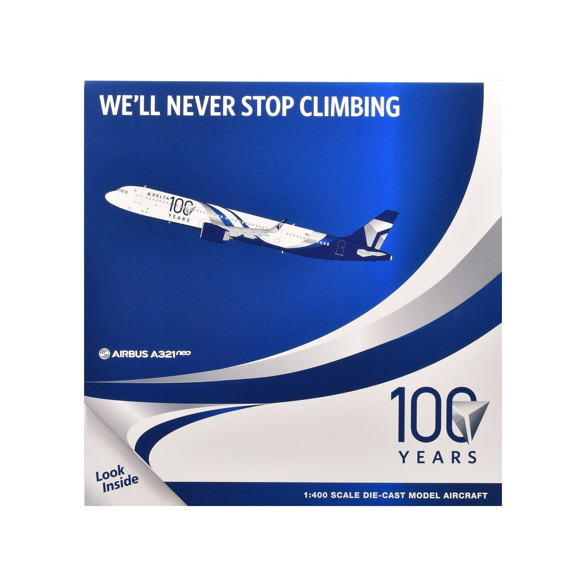 Airbus A321neo Commercial Aircraft "Delta Air Lines 100 Years" (N589DT) White and Blue with Stripes 1/400 Diecast Model Airplane by GeminiJets-GeminiJets-ModelCars.com