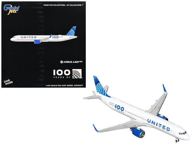 Airbus A321neo Commercial Aircraft "United Airlines 100 Years" (N44550) White with Blue Tail 1/400 Diecast Model Airplane by GeminiJets-GeminiJets-ModelCars.com