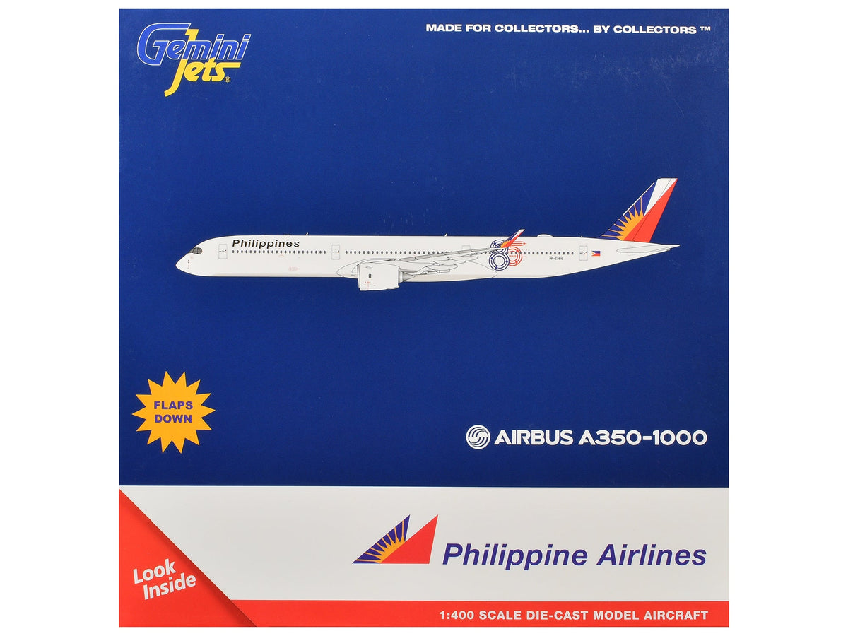 Airbus A350-1000 Commercial Aircraft with Flaps Down "Philippine Airlines - 85 Years" (RP-C3510) White with Tail Graphics 1/400 Diecast Model Airplane by GeminiJets-GeminiJets-ModelCars.com