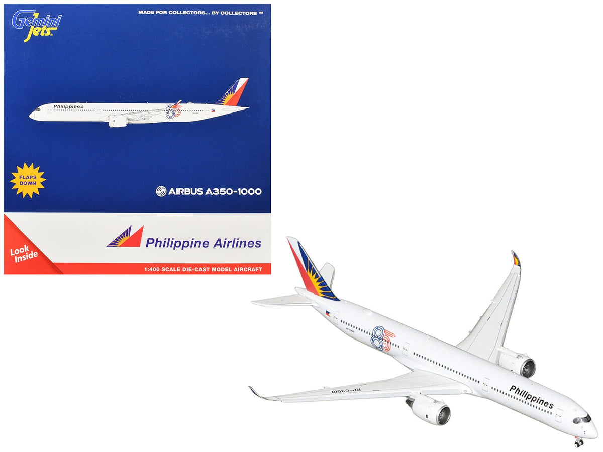 Airbus A350-1000 Commercial Aircraft with Flaps Down "Philippine Airlines - 85 Years" (RP-C3510) White with Tail Graphics 1/400 Diecast Model Airplane by GeminiJets-GeminiJets-ModelCars.com