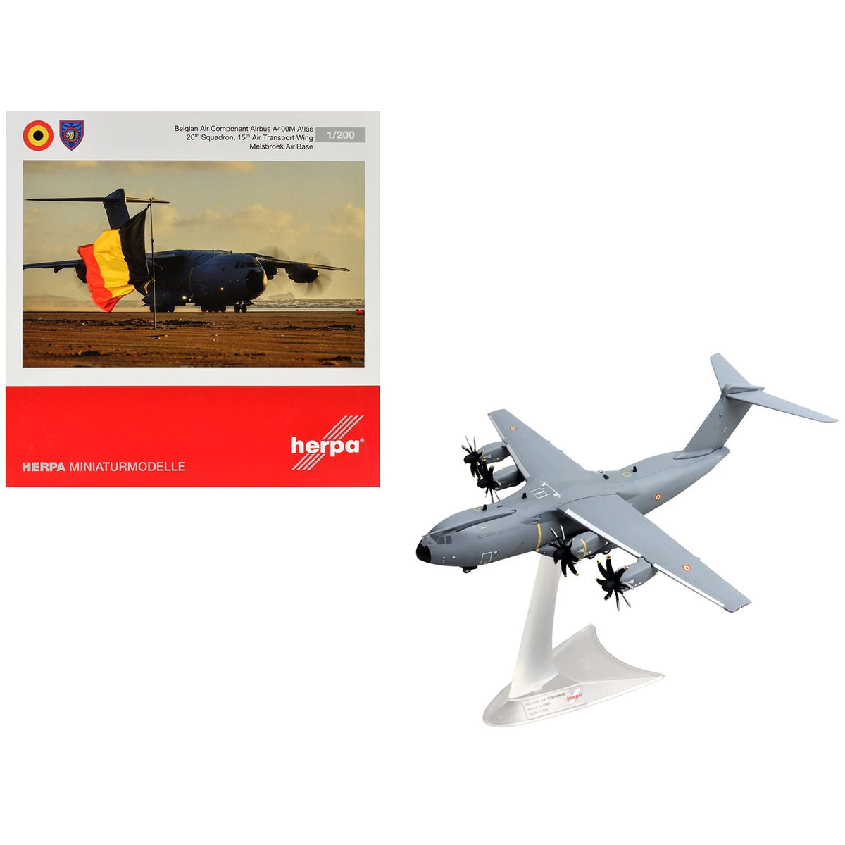 Airbus A400M Atlas Transport Aircraft "20th Squadron 15th Wing Melsbroek Air Base" Belgian Air Component 1/200 Diecast Model Airplane by Herpa-GeminiJets-ModelCars.com