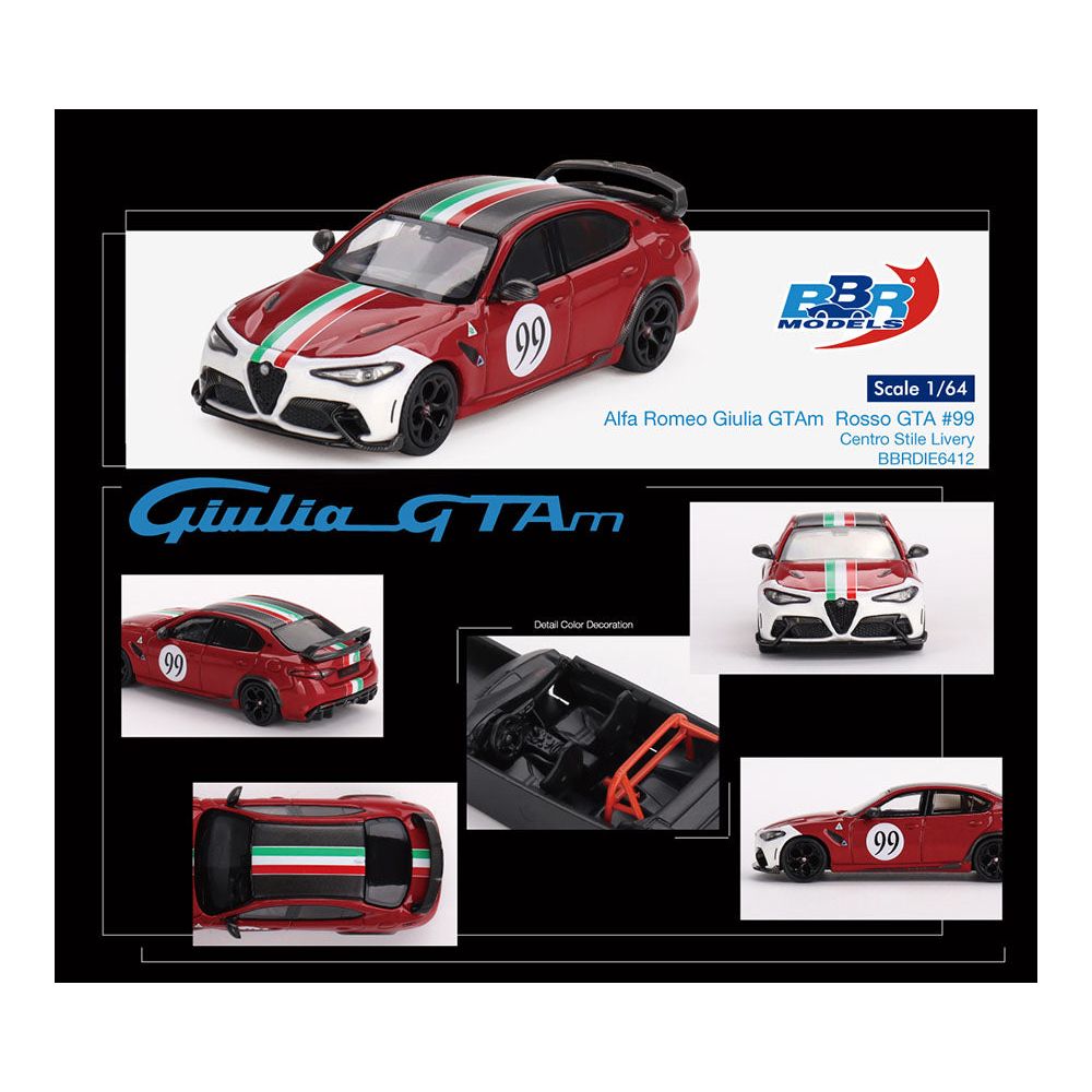 Alfa Romeo Giulia GTAm 99 Rosso GTA Red with Carbon Top and Stripes "Centro Stile" Livery 1/64 Diecast Model Car by BBR - BBR - ModelCars.com