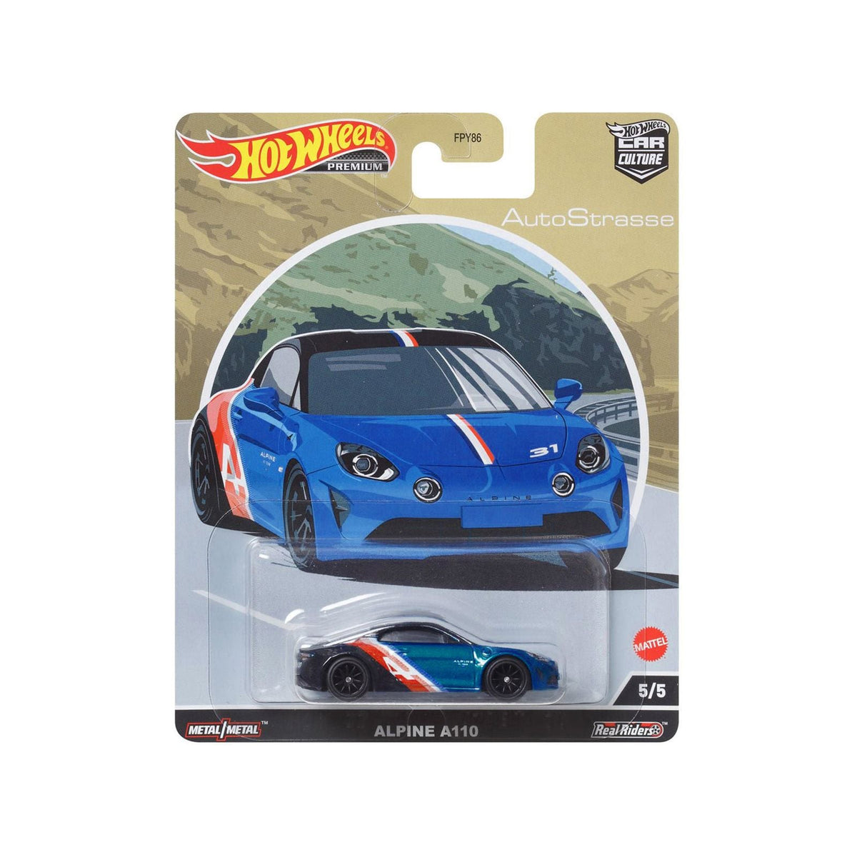 Alpine A110 Blue Metallic and Black with Graphics "Auto Strasse" Series Diecast Model Car by Hot Wheels - Hotwheels - ModelCars.com