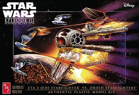 Star Wars Jedi Starfighter vs Droid Fighters
This is the 1/48 scale Star Wars- The Phantom Menace Jedi Starfighter vs Droid Fighters plastic model spacecraft kit by AMT.