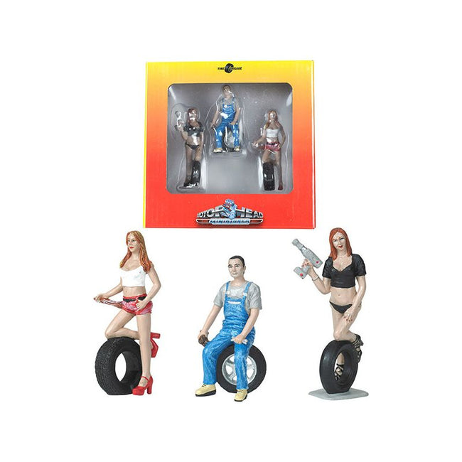 Andie, Derek and Michele Tire Brigade 3 piece Figurine Set 1/24 by Motorhead Miniatures - Motorhead Miniatures - ModelCars.com