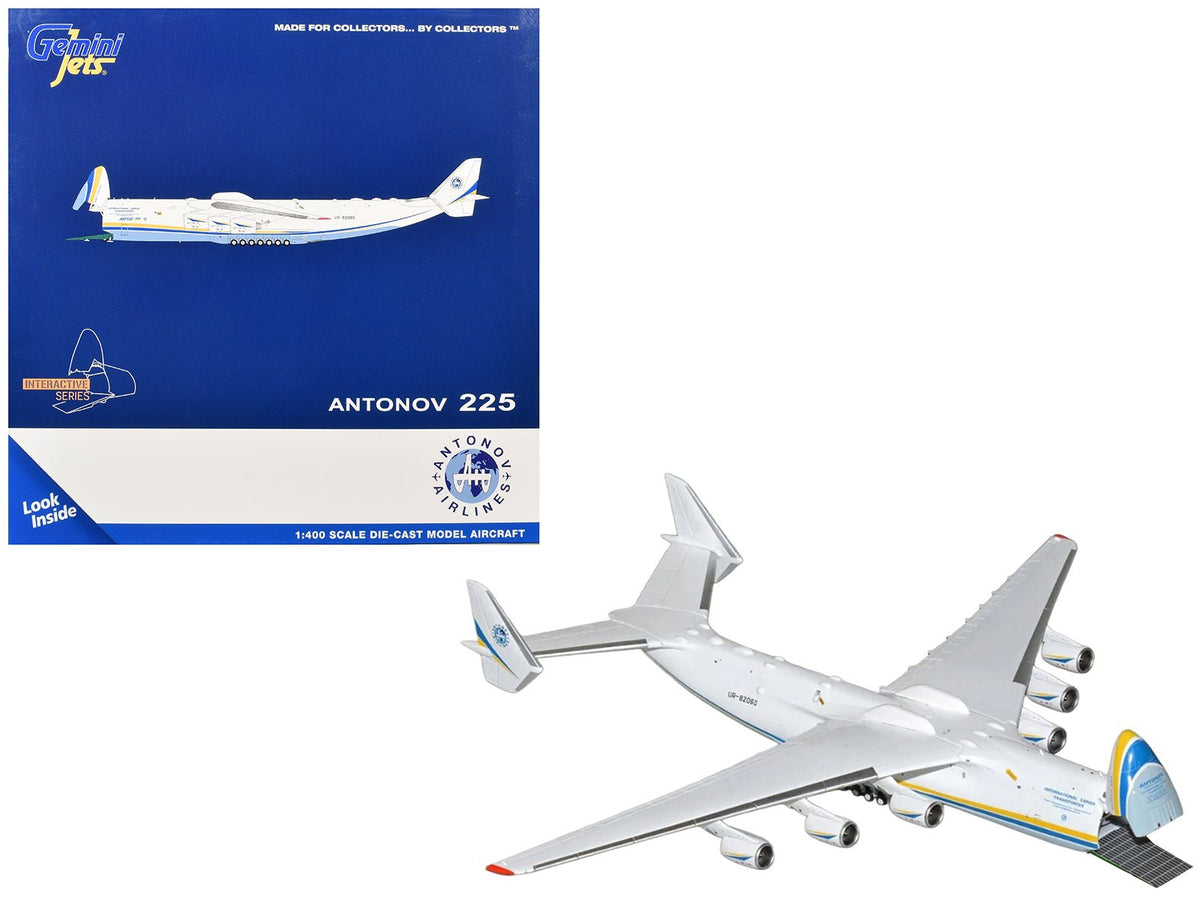 Antonov An-225 Mriya Commercial Aircraft "Antonov Airlines" (UR-82060) White with Blue and Yellow Stripes "Interactive Series" 1/400 Diecast Model by GeminiJets-GeminiJets-ModelCars.com