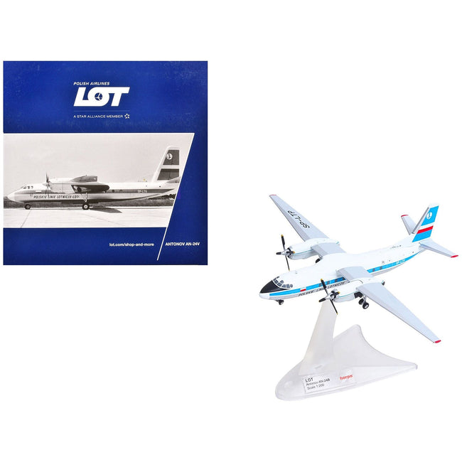 Antonov AN-24V Commercial Aircraft "LOT Polish Airlines" (SP-LTP) White with Blue Stripes and Tail 1/200 Diecast Model by Herpa-Herpa-ModelCars.com