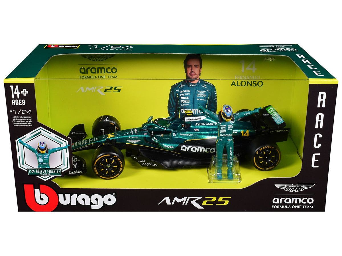 Aston Martin AMR25 14 Fernando Alonso "Aramco" Formula One F1 "World Championship" (2025) with Driver Figure 1/24 Diecast Model Car by Bburago-Bburago-ModelCars.com
