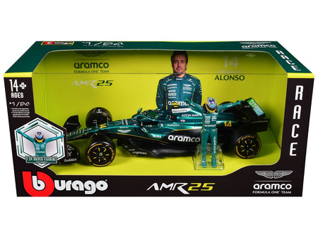 Aston Martin AMR25 14 Fernando Alonso "Aramco" Formula One F1 "World Championship" (2025) with Driver Figure 1/24 Diecast Model Car by Bburago-Bburago-ModelCars.com