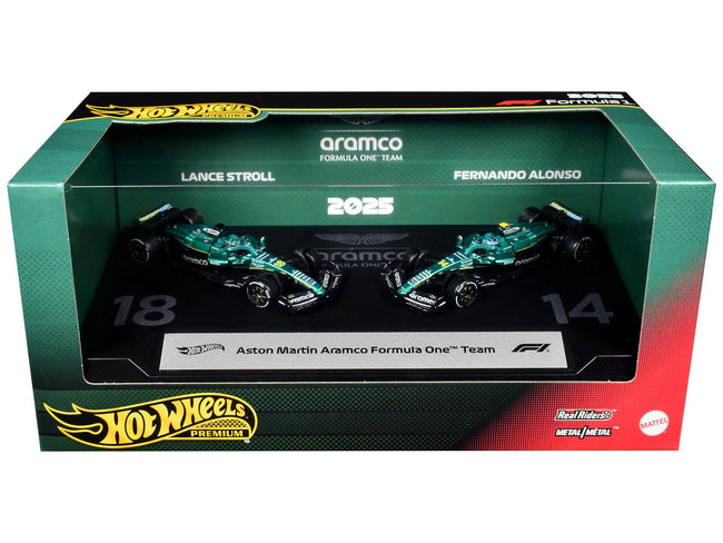"Aston Martin Aramco Formula One Team" Formula One F1 World Championship (2025) 2 Piece Set Diecast Model Cars by Hot Wheels-Hotwheels-ModelCars.com