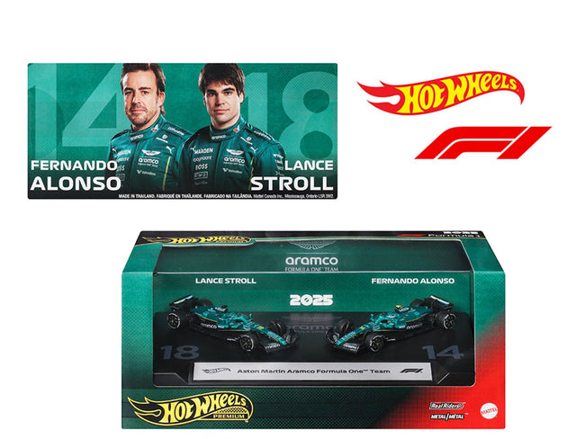 "Aston Martin Aramco Formula One Team" Formula One F1 World Championship (2025) 2 Piece Set Diecast Model Cars by Hot Wheels-Hotwheels-ModelCars.com