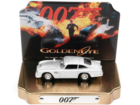 Aston Martin DB5 RHD (Right Hand Drive) Silver Metallic 007 (James Bond) "GoldenEye" (1995) Movie with Collectible Tin Display "Silver Screen Machines" Series 1/64 Diecast Model Car by Johnny Lightning-Johnny Lightning-ModelCars.com