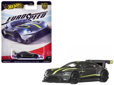 Aston Martin Vantage GTE Dark Gray Metallic with Lime Green Stripes "Euro Speed" Series Diecast Model Car by Hot Wheels-Hotwheels-ModelCars.com
