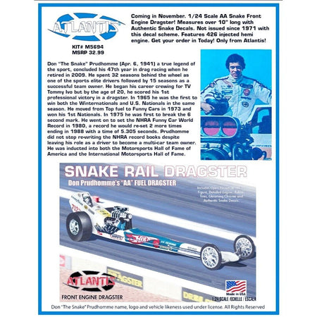 Atlantis Don Prudhomme Snake Front Engine Dragster - 1/24 Scale-Atlantis-ModelCars.com