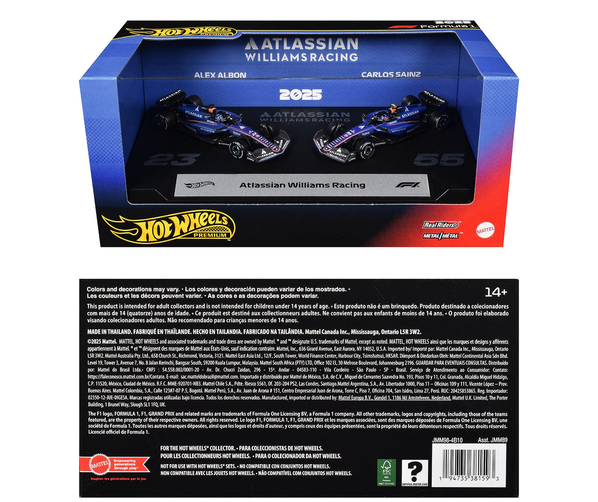 "Atlassian Williams Racing" Formula One F1 World Championship (2025) 2 Piece Set Diecast Model Cars by Hot Wheels-Hotwheels-ModelCars.com