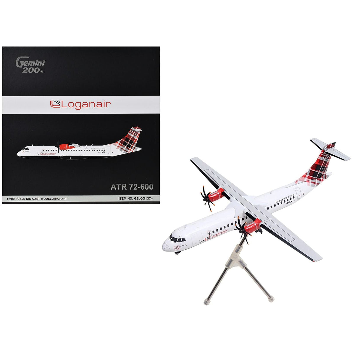 ATR 72-600 Commercial Aircraft "Loganair - Scotland's Airline" (G-LMTE) White with Red Plaid Tail "Gemini 200" Series 1/200 Diecast Model Airplane by GeminiJets-GeminiJets-ModelCars.com