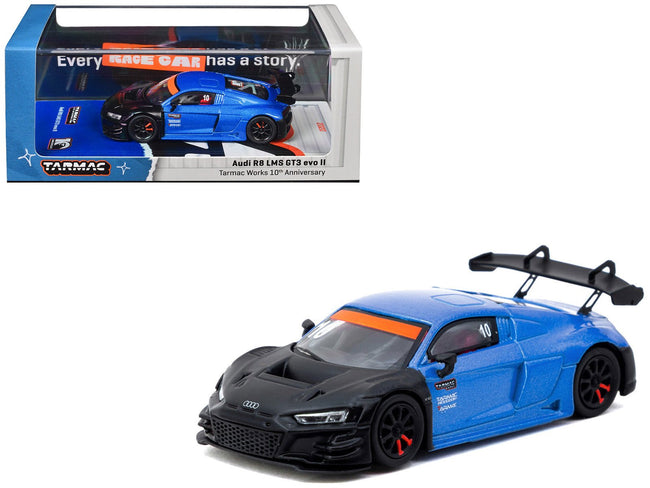 Audi R8 LMS GT3 evo II #10 "Tarmac Works 10th Anniversary" Blue Metallic and Matt Black "Hobby64" Series 1/64 Diecast Model Car by Tarmac Works-Tarmac Works-ModelCars.com