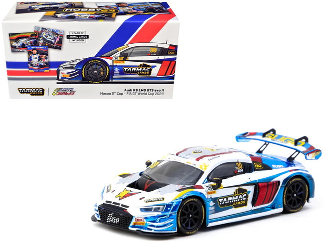 Audi R8 LMS GT3 evo II #30 James Yu "Uno Racing Team" "Macau GT Cup - FIA GT World Cup" (2024) with Plastic Transporter Packaging and Collectible Tarmac Cards "Hobby64" Series 1/64 Diecast Model Car by Tarmac Works-Tarmac Works-ModelCars.com