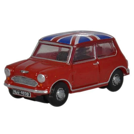 Austin Mini RHD (Right Hand Drive) Tartan Red with Union Jack Top 1/148 (N) Scale Diecast Model Car by Oxford Diecast-Oxford Diecast-ModelCars.com