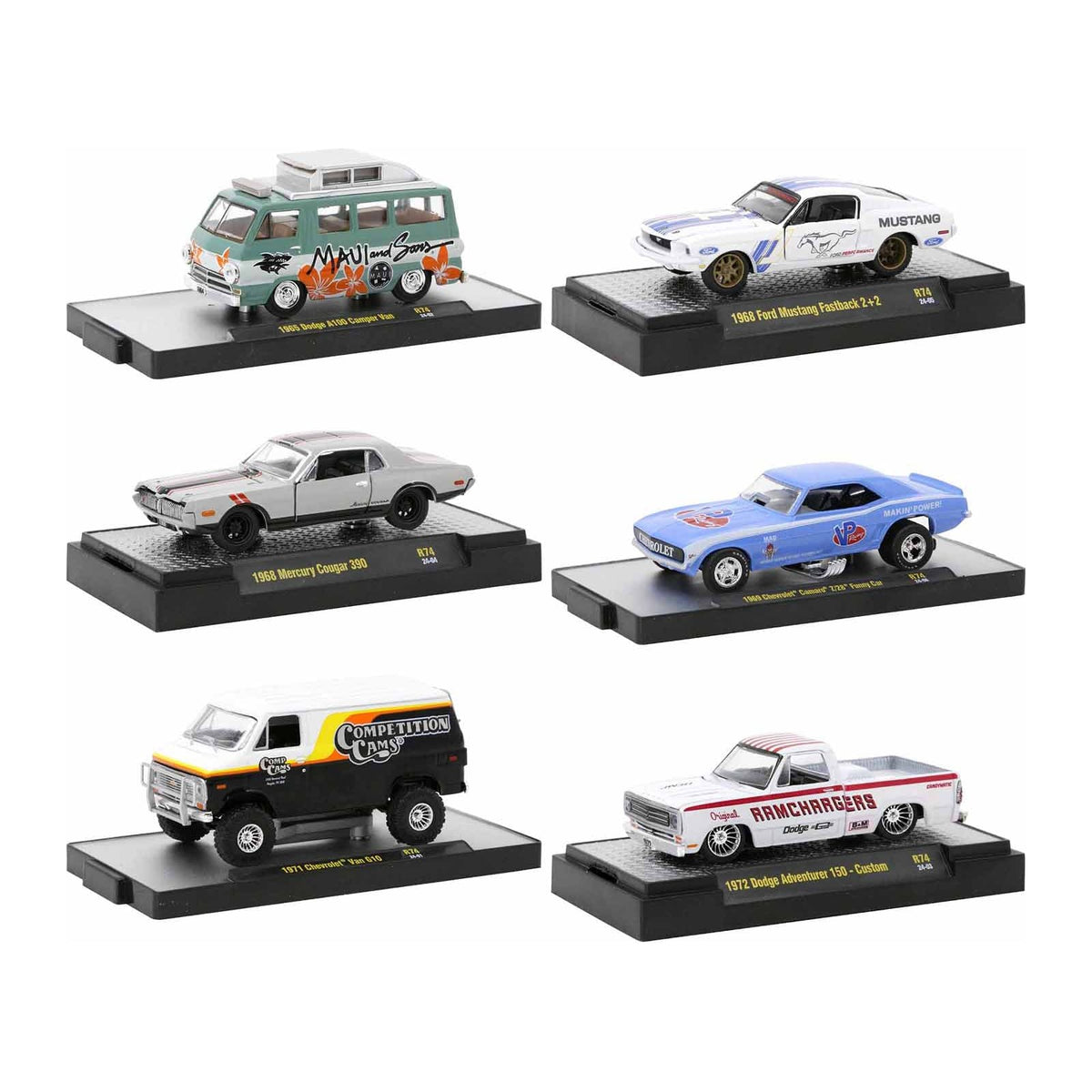 "Auto Meets" Set of 6 Cars IN DISPLAY CASES Release 74 Limited Edition 1/64 Diecast Model Cars by M2 Machines-M2-ModelCars.com