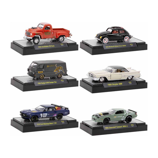 "Auto Meets" Set of 6 Cars IN DISPLAY CASES Release 76 Limited Edition 1/64 Diecast Model Cars by M2 Machines-M2-ModelCars.com