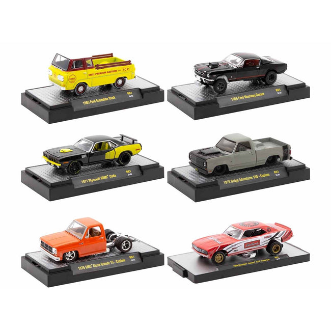 "Auto Meets" Set of 6 Cars IN DISPLAY CASES Release 81 Limited Edition 1/64 Diecast Model Cars by M2 Machines-M2-ModelCars.com