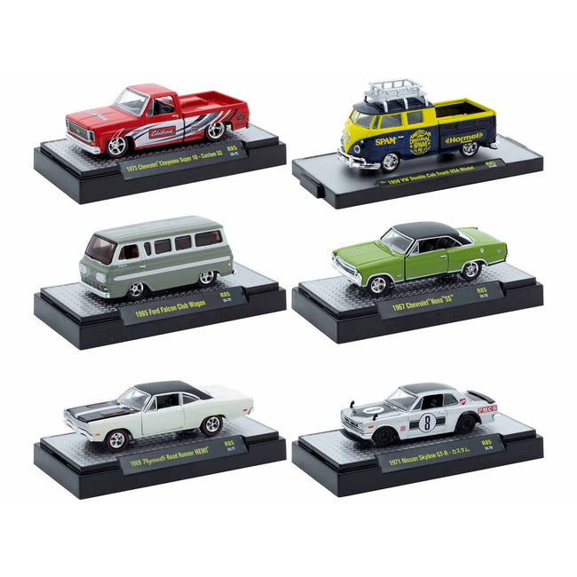 "Auto Meets" Set of 6 Cars IN DISPLAY CASES Release 85 Limited Edition 1/64 Diecast Model Cars by M2 Machines - M2 - ModelCars.com
